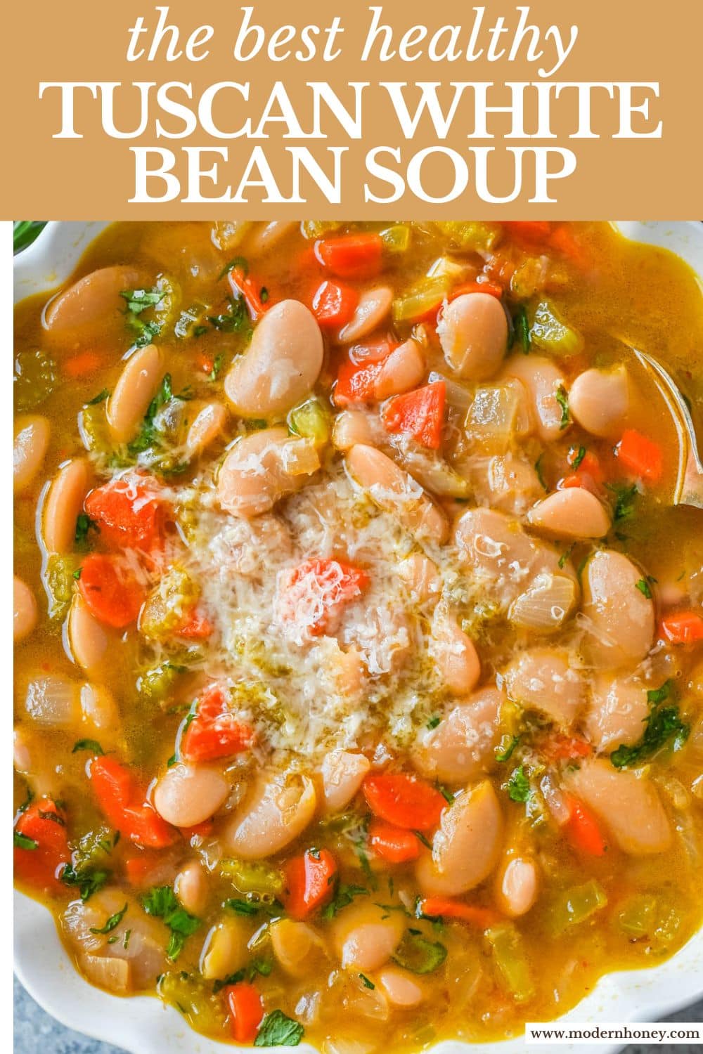 Tuscan White Bean Soup is a hearty Italian soup made with white beans, vegetables, garlic, herbs, and savory broth. It’s simple to make, incredibly comforting, and packed with protein and fiber. You will love this healthy white bean soup recipe!
