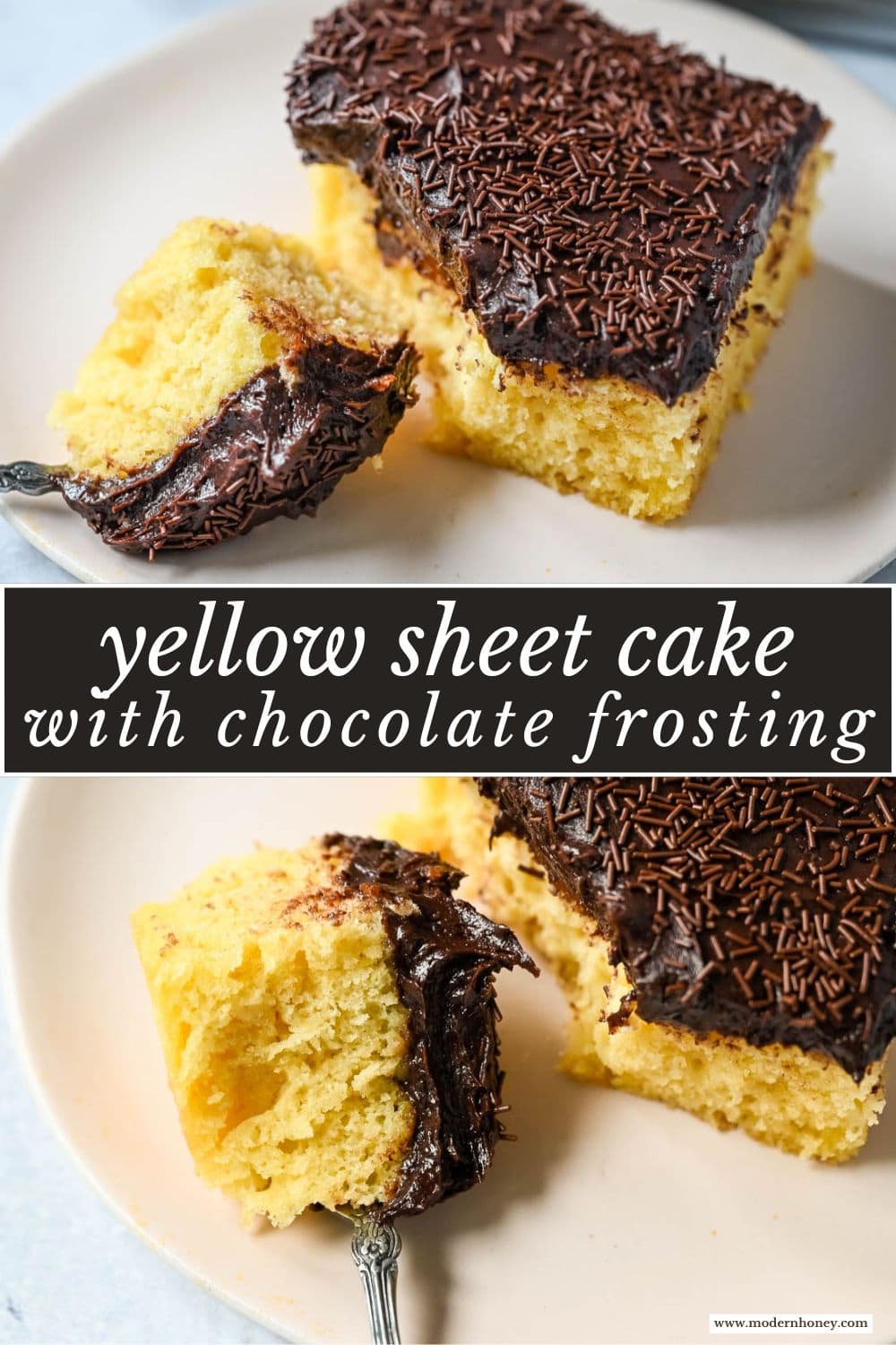 This yellow sheet cake with chocolate frosting is soft, buttery, and perfectly moist with a rich, classic flavor. The fluffy yellow sheet cake pairs beautifully with a smooth, creamy chocolate frosting that melts in every bite. The best yellow cake with chocolate frosting!