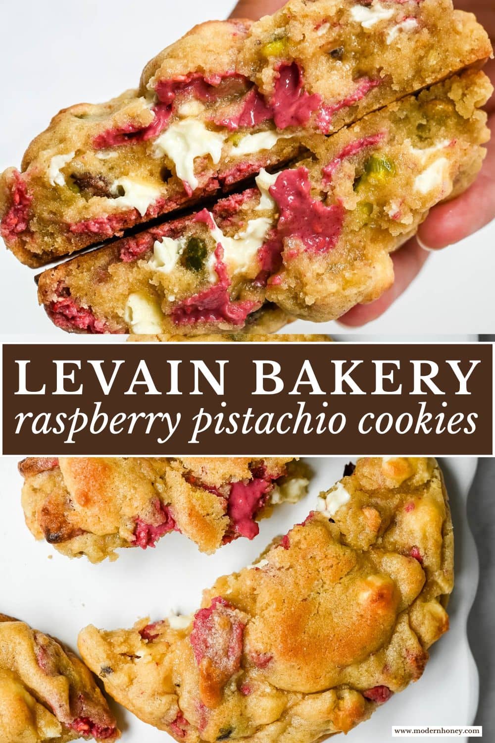 These Levain Bakery Raspberry Pistachio cookies are a homemade copycat of Levain Bakery's new summer flavor, which combines raspberry chips, crunchy pistachios, and creamy white chocolate chips in their signature thick, bakery-style cookie. Our version uses a homemade raspberry chip made from crushed freeze-dried raspberries and white chocolate for that same fruity flavor without needing specialty baking chips. These cookies are thick, gooey, and loaded with tart raspberry, rich white chocolate, and crunchy salted pistachios in every bite!