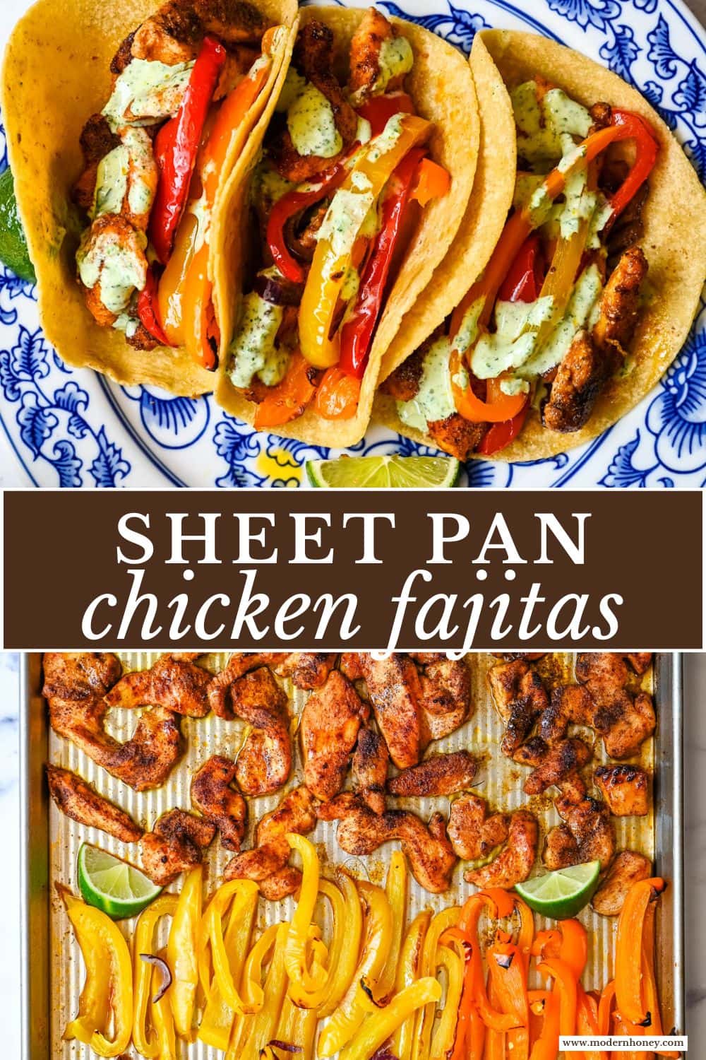 These sheet pan chicken fajitas are the easiest weeknight dinner you will ever make, with juicy seasoned chicken, colorful bell peppers, and sweet onion all roasted together on one pan for minimal cleanup. These easy chicken fajitas are an easy, healthy, and flavorful weeknight dinner served with all your favorite toppings.