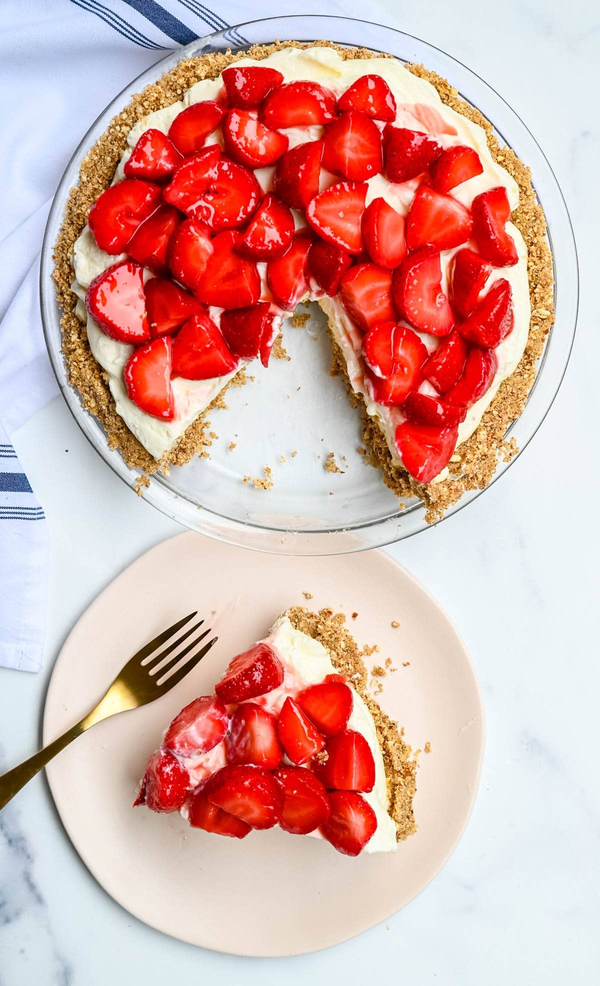 This strawberry pretzel pie has no Jello — just a buttery pretzel crust, fluffy no-bake cream cheese filling, and fresh sweet strawberries for the ultimate no-bake summer dessert that's as easy as it is show-stopping.