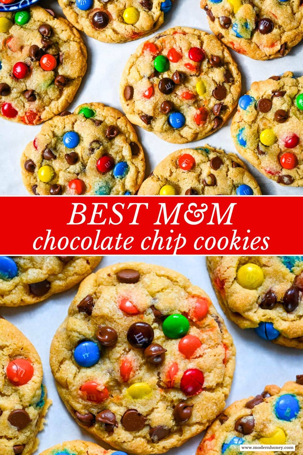 These M&M chocolate chip cookies have crisp, buttery edges and soft, chewy centers, loaded with both M&M's and semi-sweet chocolate chips. No mixer required — just mix in a bowl, chill, and bake for the best chocolate chip M&M cookies!