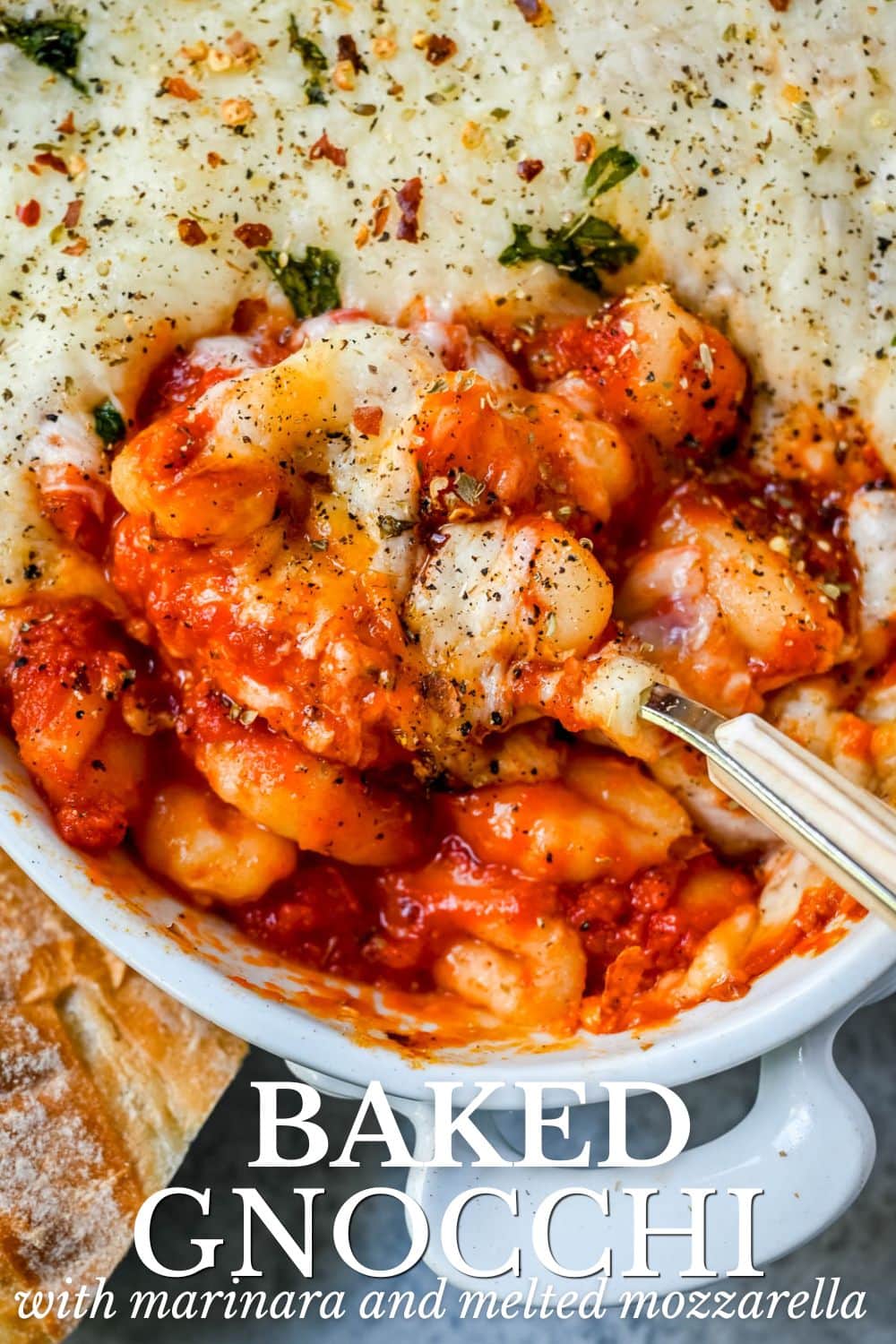 This cheesy baked gnocchi is made with pillowy gnocchi tossed in marinara sauce, layered with mozzarella and parmesan, and baked until golden and bubbly. Topped with fresh basil, this easy gnocchi bake comes together in one dish and tastes like it took hours.