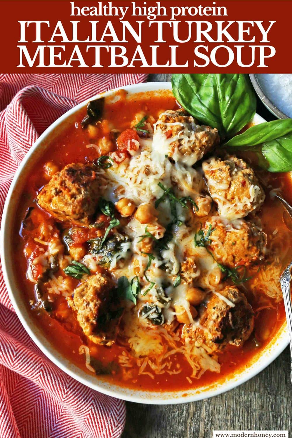This healthy turkey meatball soup is made with lean ground turkey, chickpeas, spinach, and marinara in a savory broth. High in protein and fiber, this high protein Italian turkey meatball soup comes together in about 30 minutes and is a better-for-you dinner the whole family will love.