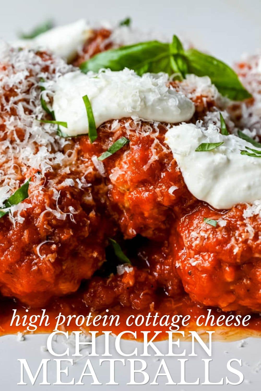 High Protein Chicken Cottage Cheese Meatballs — the viral TikTok recipe made famous by Hailey Bieber, turned into an easy chicken parmesan meatballs dinner. Made with ground chicken, whipped cottage cheese, garlic, and parmesan, these juicy meatballs are packed with protein and ready in under 30 minutes. Perfect for meal prep, weeknight dinners, or anyone searching for cottage cheese meatball recipes, high protein dinner ideas, or chicken parmesan meatball recipes. Pin now and save for later!