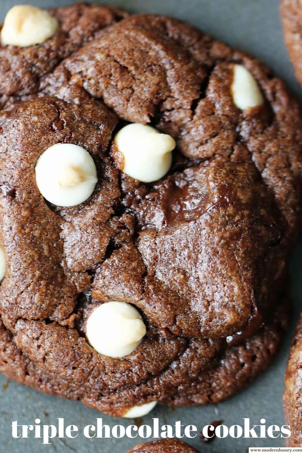 These triple chocolate cookies are made with rich cocoa powder, dark chocolate chunks, and white chocolate chunks for a fudgy, bakery-style cookie with crackly tops and thick, chewy centers. The secret is cold butter, which keeps these cookies thick instead of thin and spread out. The Best Black and White Chippers!