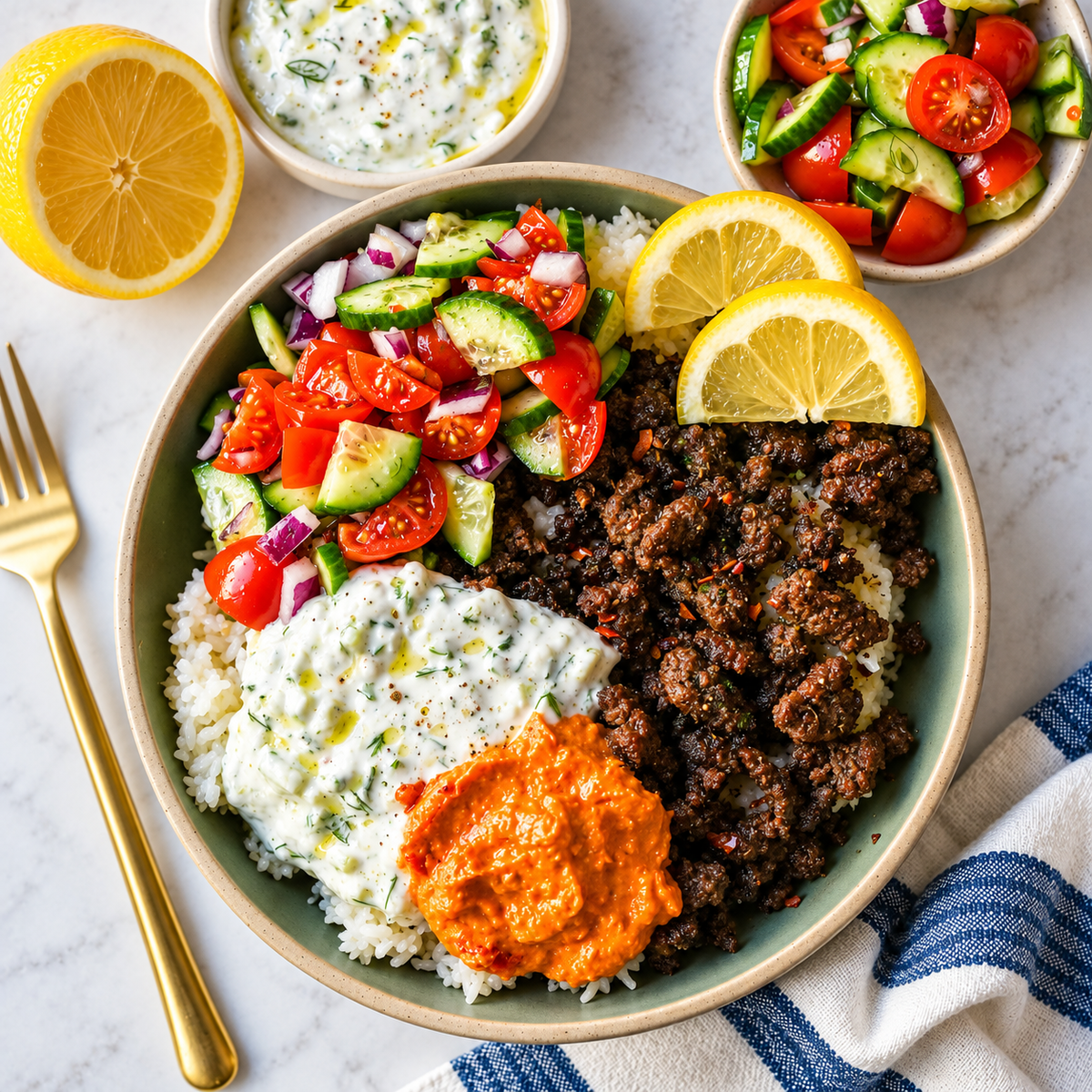 Greek Beef Bowls. Juicy seasoned ground beef, bright lemon rice, feta, cucumbers, tomatoes and tzatziki in one easy 35-minute dinner. High-protein bowls that hold up all week for lunches.