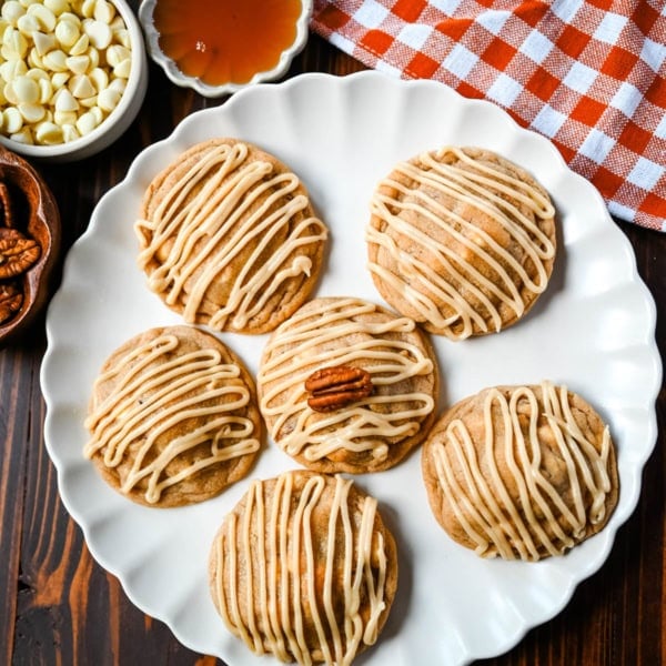 Soft maple pecan cookies with toasted pecans, white chocolate, and a real maple glaze. An easy Fall maple cookie with no dough chilling required.