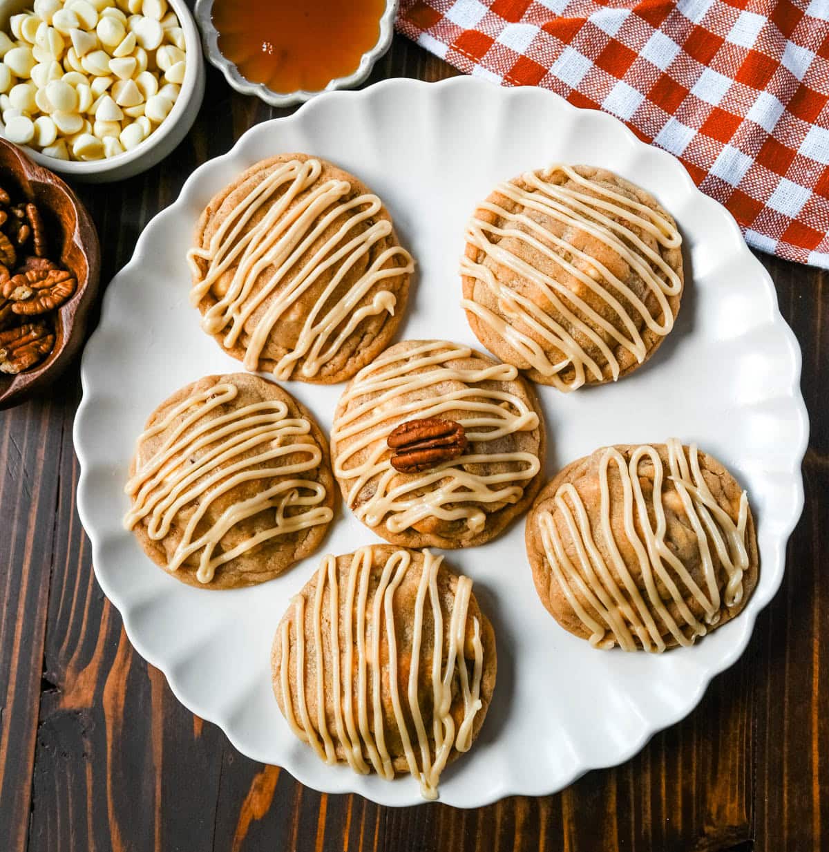 Soft maple pecan cookies with toasted pecans, white chocolate, and a real maple glaze. An easy Fall maple cookie with no dough chilling required.