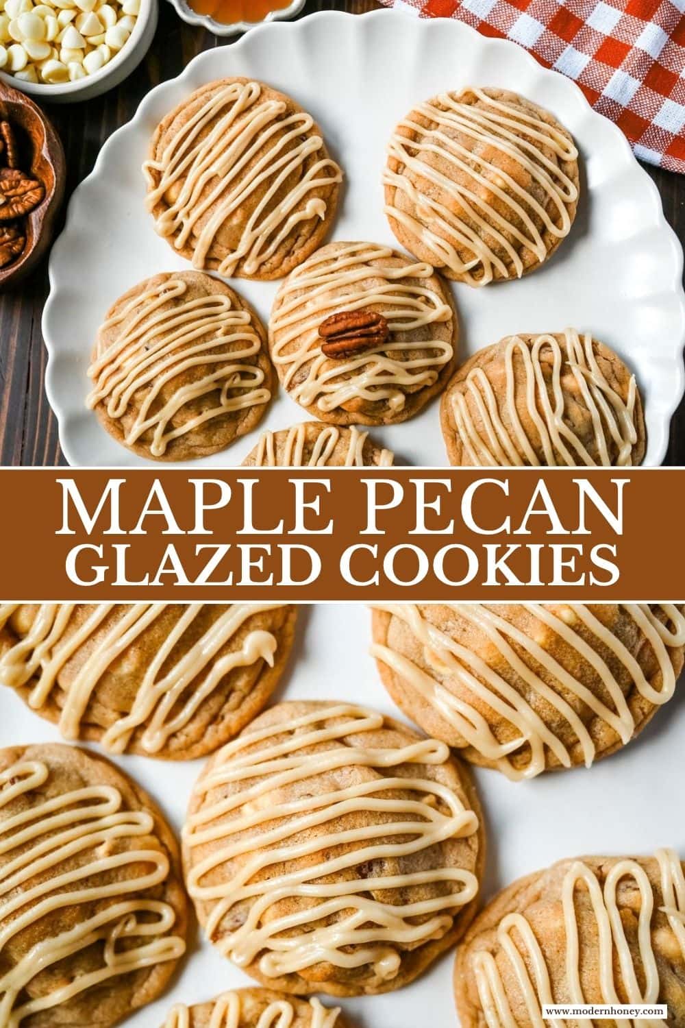 Soft maple pecan cookies with toasted pecans, white chocolate, and a real maple glaze. An easy Fall maple cookie with no dough chilling required.