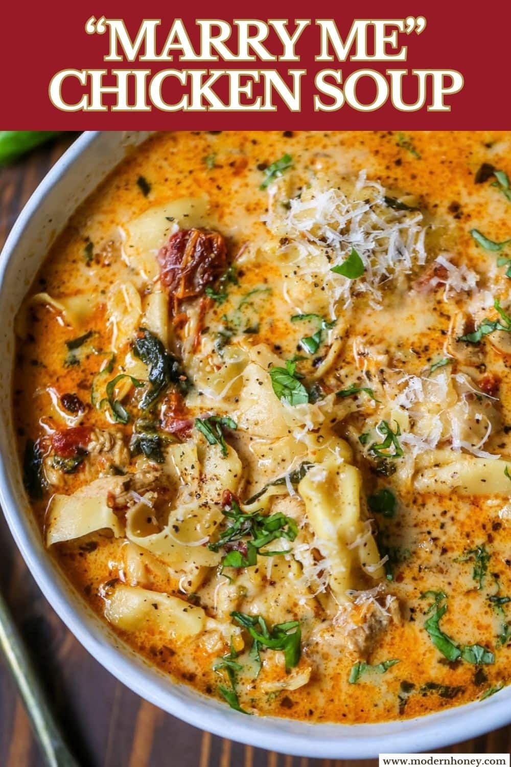 This Marry Me Chicken Tortellini Soup takes the viral marry me chicken flavor creamy sun-dried tomato sauce, tender chicken, and Parmesan and turns them into a cozy, comforting soup loaded with cheese tortellini. This easy one-pot soup comes together in about 30 minutes, making it perfect for busy weeknight dinners!