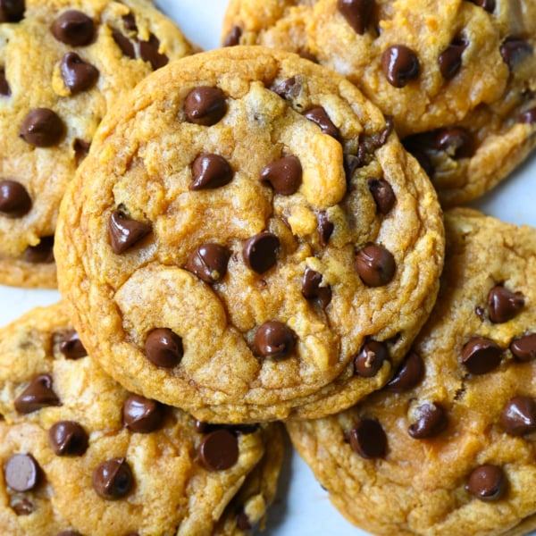 These pumpkin chocolate chip cookies are soft, chewy, and loaded with melty chocolate, with none of the cakey, muffin-top texture most pumpkin cookies have. Brown butter gives them a deep toffee-caramel flavor, and one simple trick with the pumpkin purée is what keeps them chewy instead of puffy.