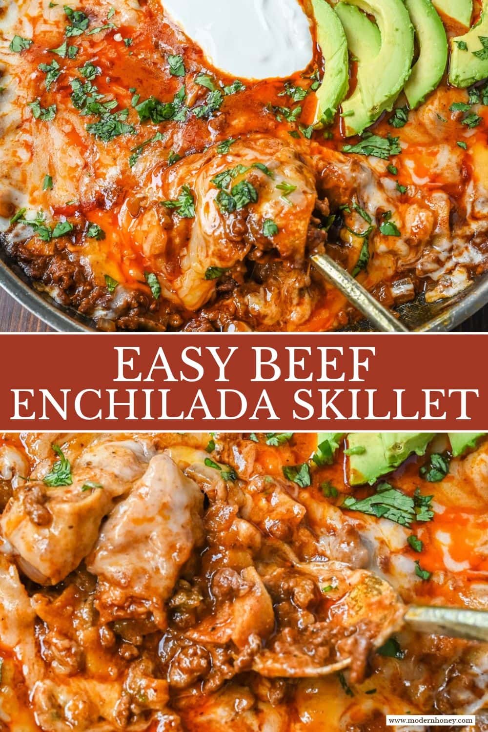 This easy Beef Enchilada Skillet is a one-pan dinner ready in 30 minutes! Ground beef, red enchilada sauce, green chiles, and corn tortillas simmer together, then get smothered in melty cheddar and Monterey Jack cheese. All the flavor of beef enchiladas with no rolling or baking. It’s a cheesy, family-friendly weeknight dinner made with pantry staples. Top with sour cream, avocado, and cilantro. Save this ground beef recipe for busy nights!
