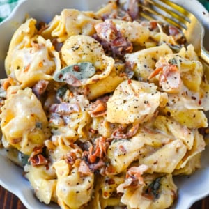 Cheese tortellini in a creamy Parmesan brown butter sauce with crispy prosciutto and fried sage. This Brown Butter Tortellini is a cozy 20-minute dinner!