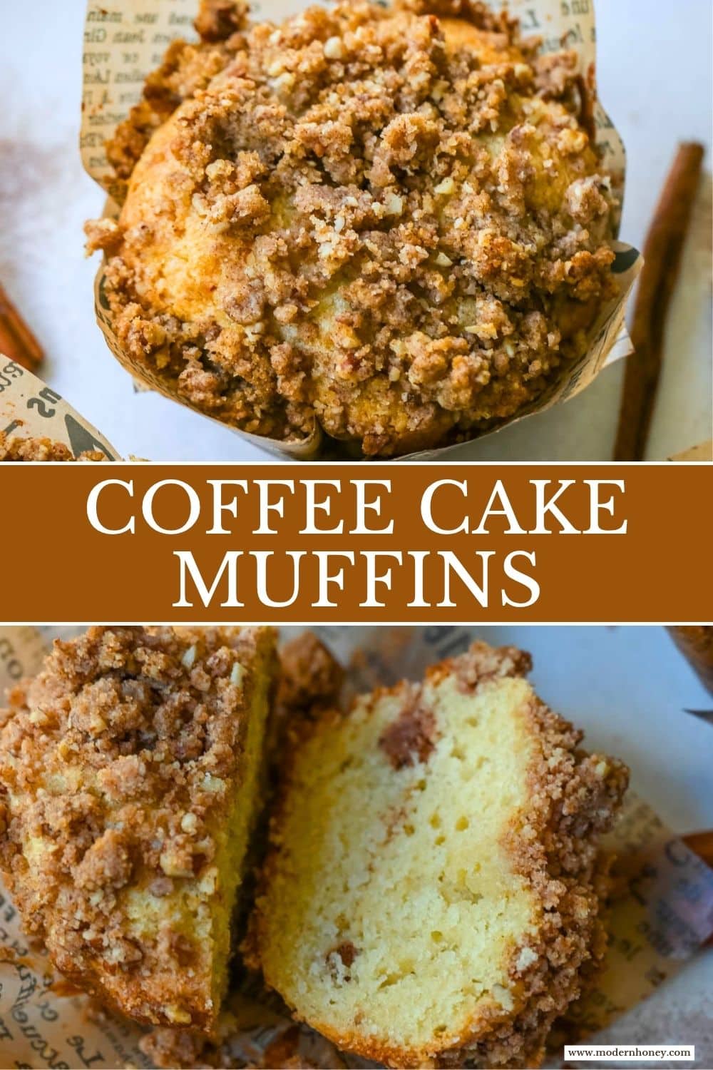 These bakery-style Coffee Cake Muffins are soft, moist, and loaded with cinnamon streusel! A sour cream muffin batter is layered with a cinnamon pecan streusel swirl inside and a thick crumb topping, then drizzled with a sweet vanilla glaze. This easy coffee cake muffin recipe makes tall, domed muffins just like the bakery. The best homemade streusel muffins with brown sugar, cinnamon, and pecans.