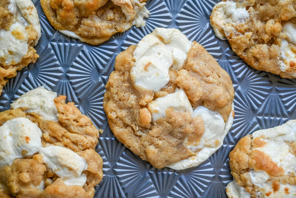 Marshmallow Crispy Cookies taste like a Rice Krispie treat in cookie form! These Brown Butter Rice Krispie Treat Cookies are made with brown butter, gooey marshmallows, crispy cereal, and a sprinkle of flaky salt. Close up of marshmallow brown buttter cookies.