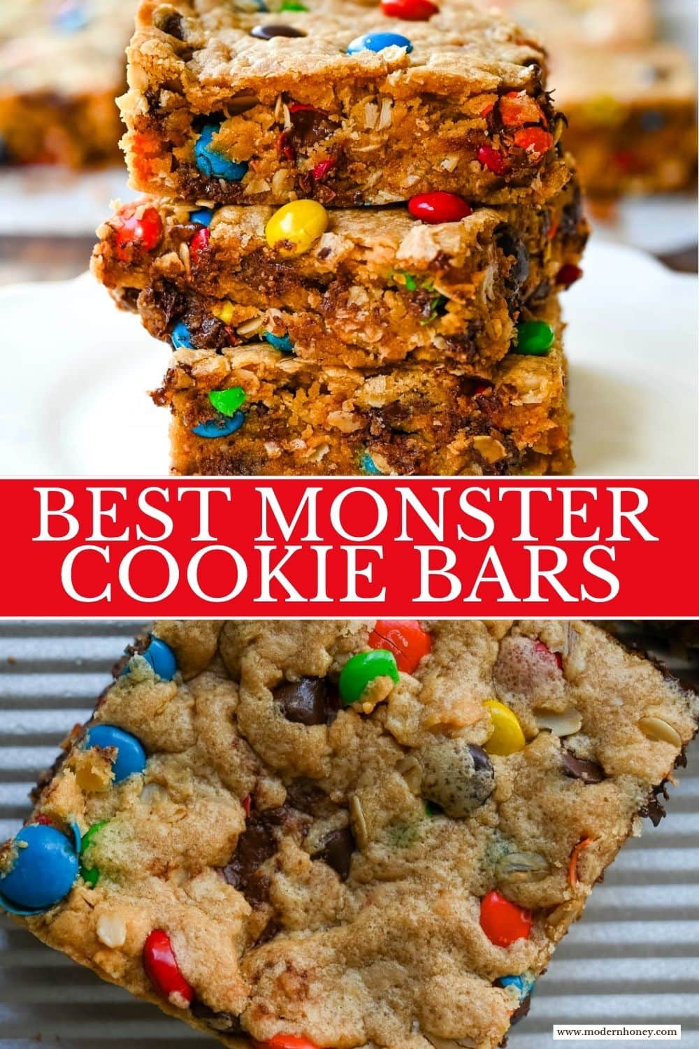 These Monster Cookie Bars take my most popular monster cookie recipe and turn it into an easy, no-scoop dessert you bake right in a 9x13 pan. They’re thick and chewy peanut butter oatmeal bars loaded with M&M’s and chocolate chips, with crisp golden edges and a soft, gooey center. If you love monster cookies but don’t want to scoop and bake batch after batch, these monster bars are for you. They are made in one bowl and feed a crowd.