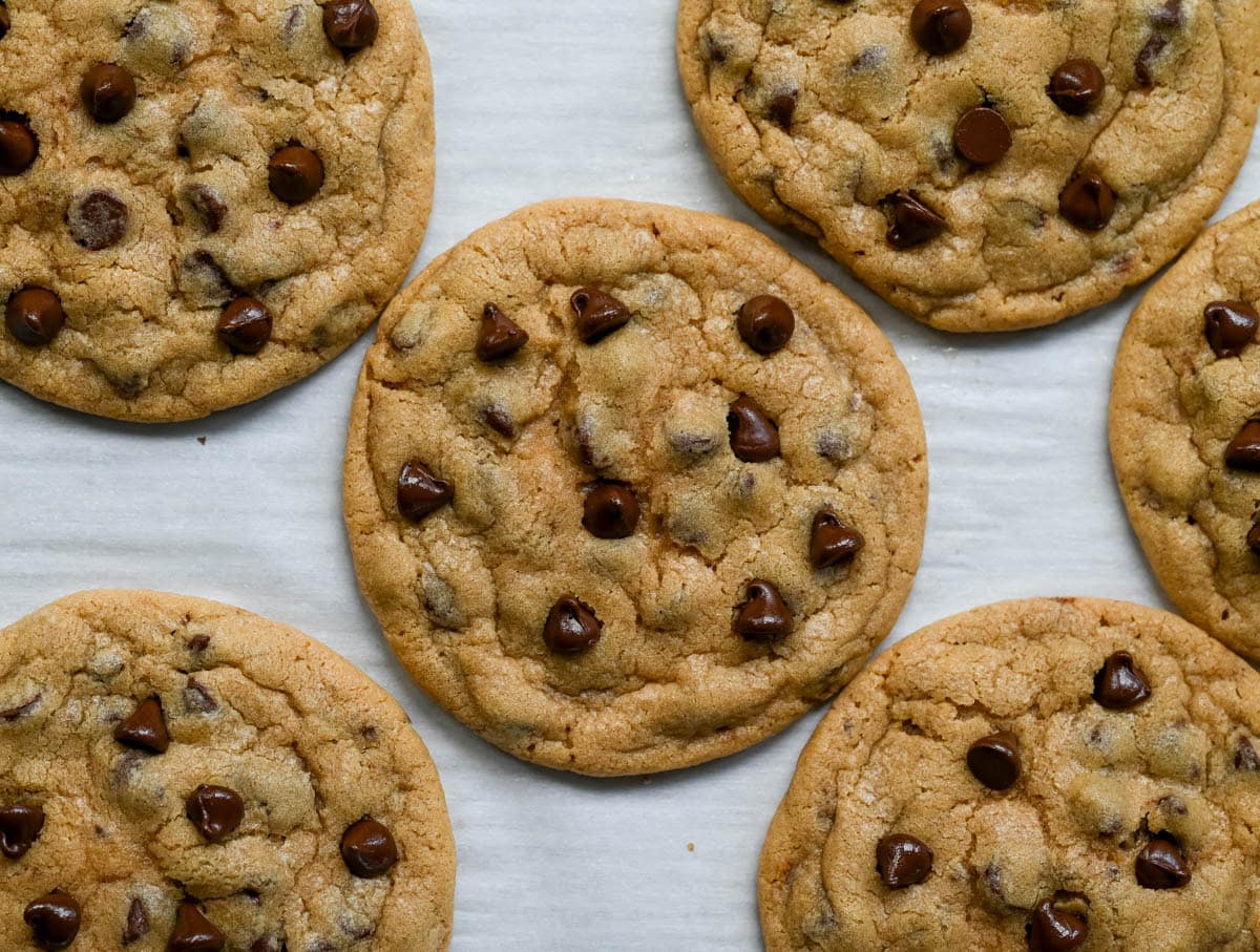 Mrs. Fields semi-sweet chocolate chip cookie recipe on baking sheet.
