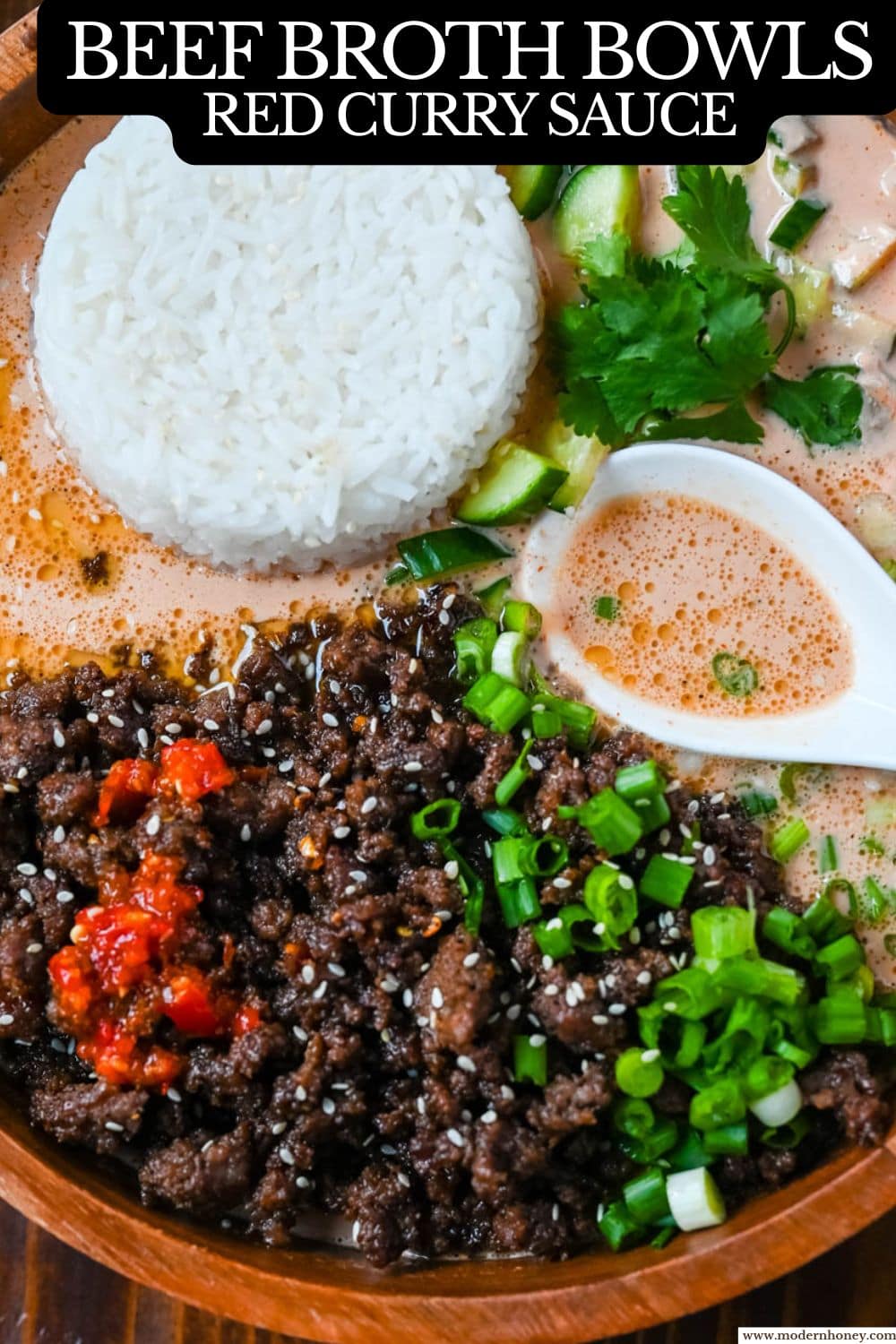 This Red Curry Beef Broth Bowl recipe is an easy weeknight dinner loaded with crispy, glazed ground beef, a creamy coconut red curry broth then topped with fresh herbs, cucumber, and sesame seeds. This easy 30-minute recipe is packed with flavor and comes together faster than takeout.